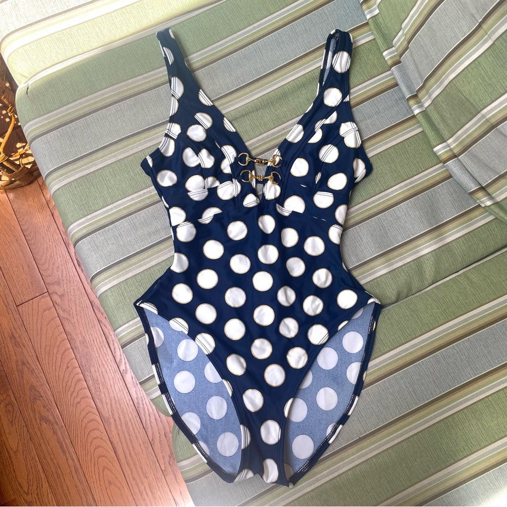 Vintage La Blanca High Leg Low Back Polka Dot Horsebit Swimsuit